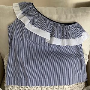 One shoulder navy and white pin stripe J Crew cotton blouse